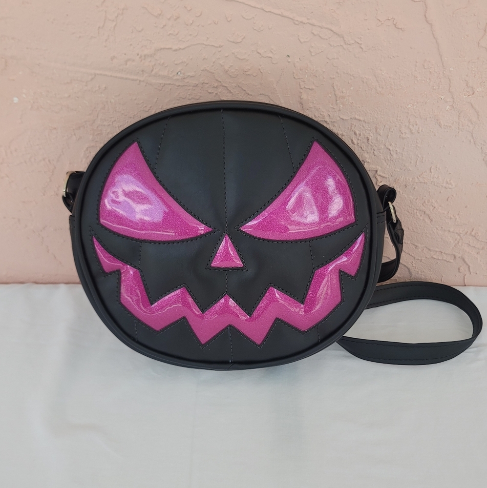 Love Pain And Stitches Black And Pink Glitter Pumpkin Face Crossbody Bag